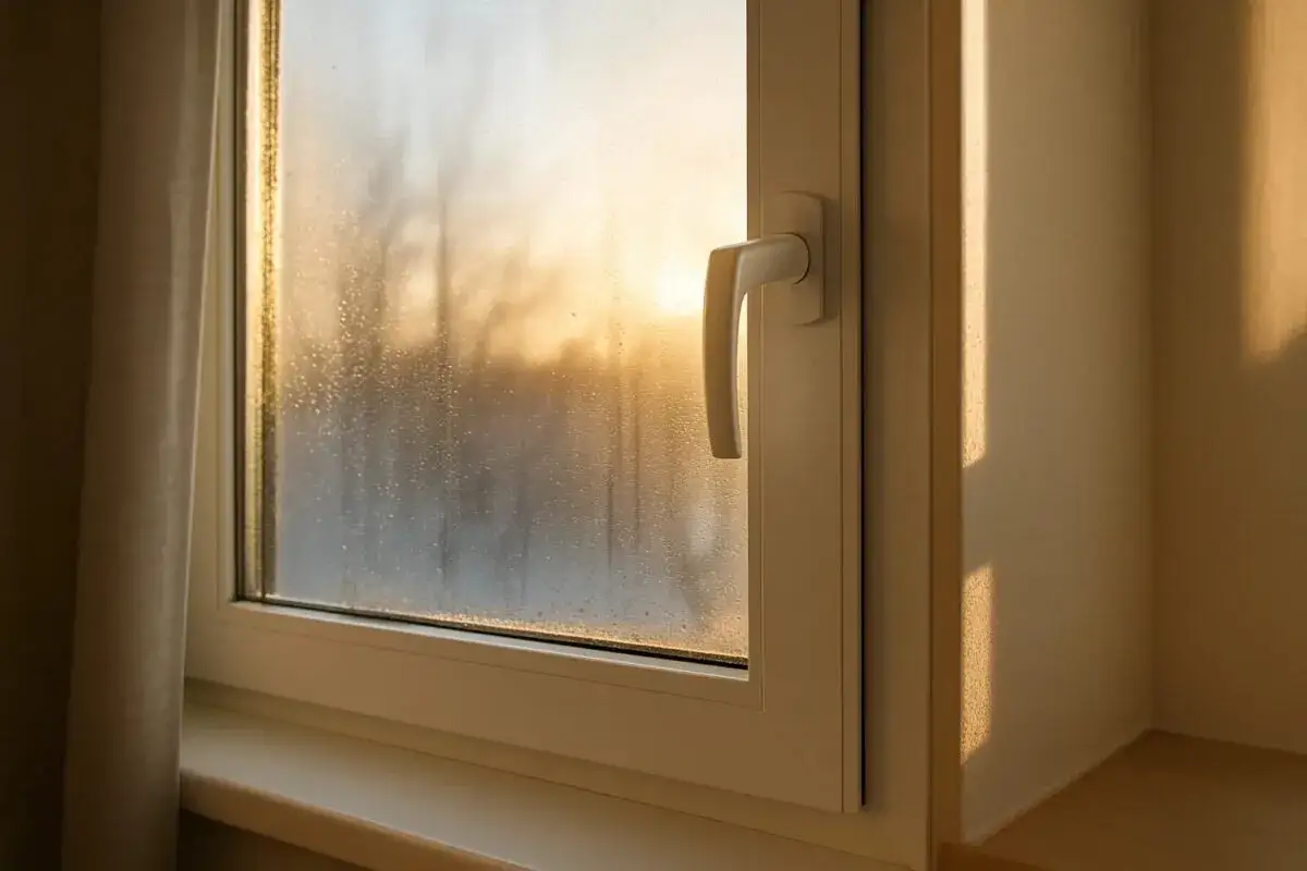 Ventana con gotas de condensación, explicando porque se empañan los cristales. El sol del atardecer ilumina el exterior.
