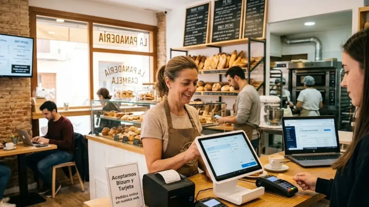 Panader&iacute;a en plena transformaci&oacute;n digital: empleados atienden clientes con tablets y laptops, aceptan pagos con tarjeta y Bizum, y ofrecen pedidos online.