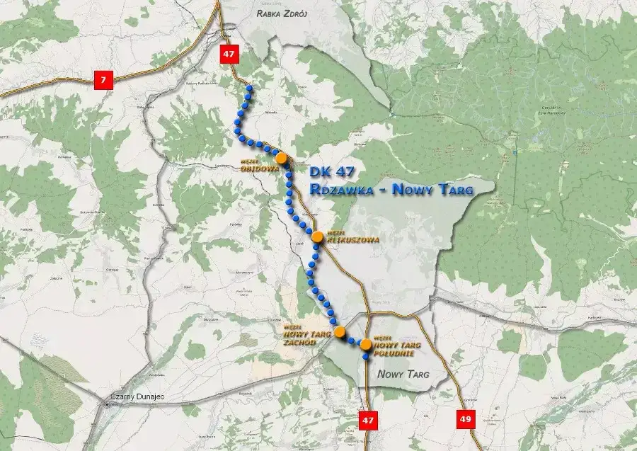 Mapa Zakopianki z zaznaczonymi odcinkami budowy