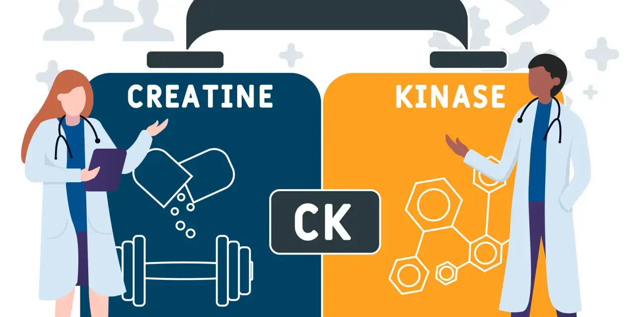 Dwie postacie w kitlach lekarskich omawiają kreatynę i kinazę kreatynową (CK). Obok kreatyny symbol hantli i kapsułki, obok kinazy – wzory chemiczne.