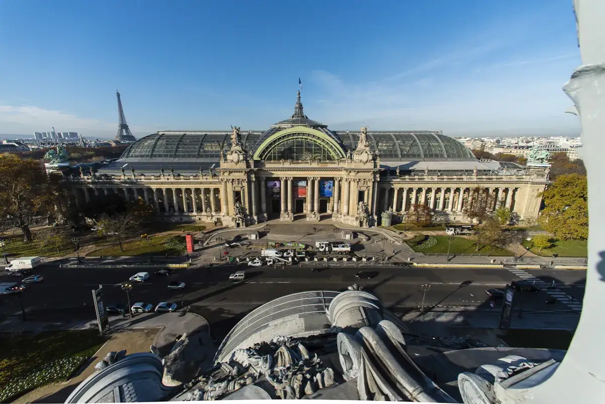 Vue a&eacute;rienne du Grand Palais &agrave; Paris, avec la Tour Eiffel en arri&egrave;re-plan. Un petit palais semble se cacher dans l'ombre de son grand fr&egrave;re.
