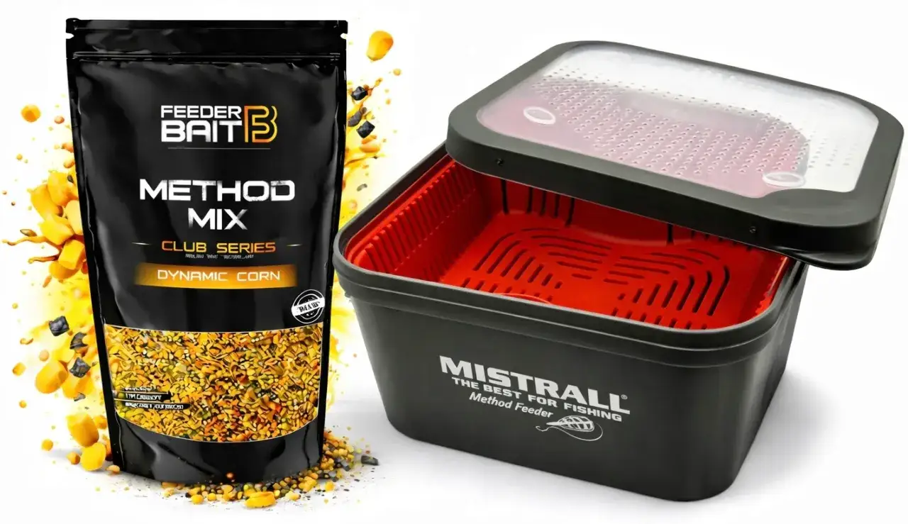 Zestaw do przygotowania zanęty do koszyczka: worek z mieszanką Method Mix Dynamic Corn i pojemnik Mistrall Method Feeder.