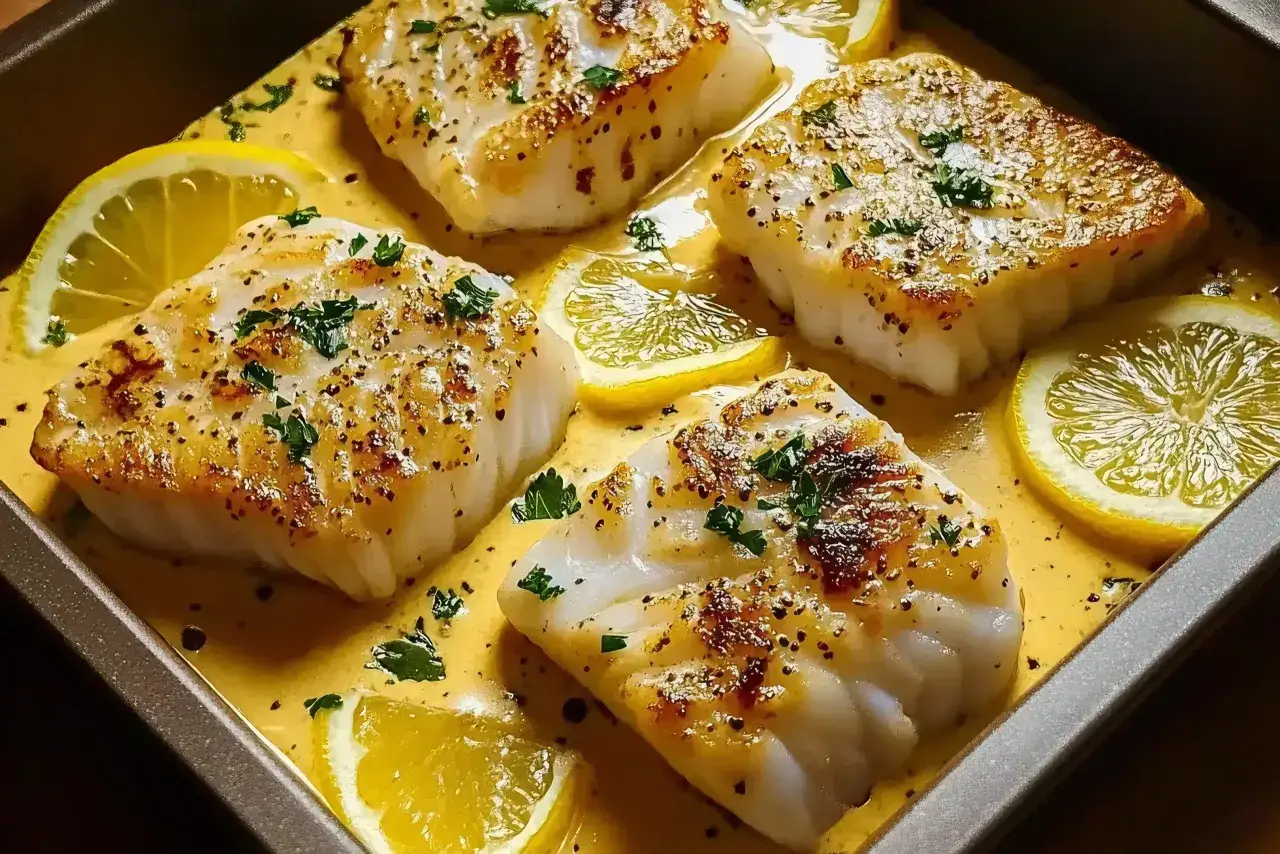 Quatre morceaux de dos de cabillaud au four, nappés d'une sauce crémeuse, parsemés de persil et accompagnés de rondelles de citron.
