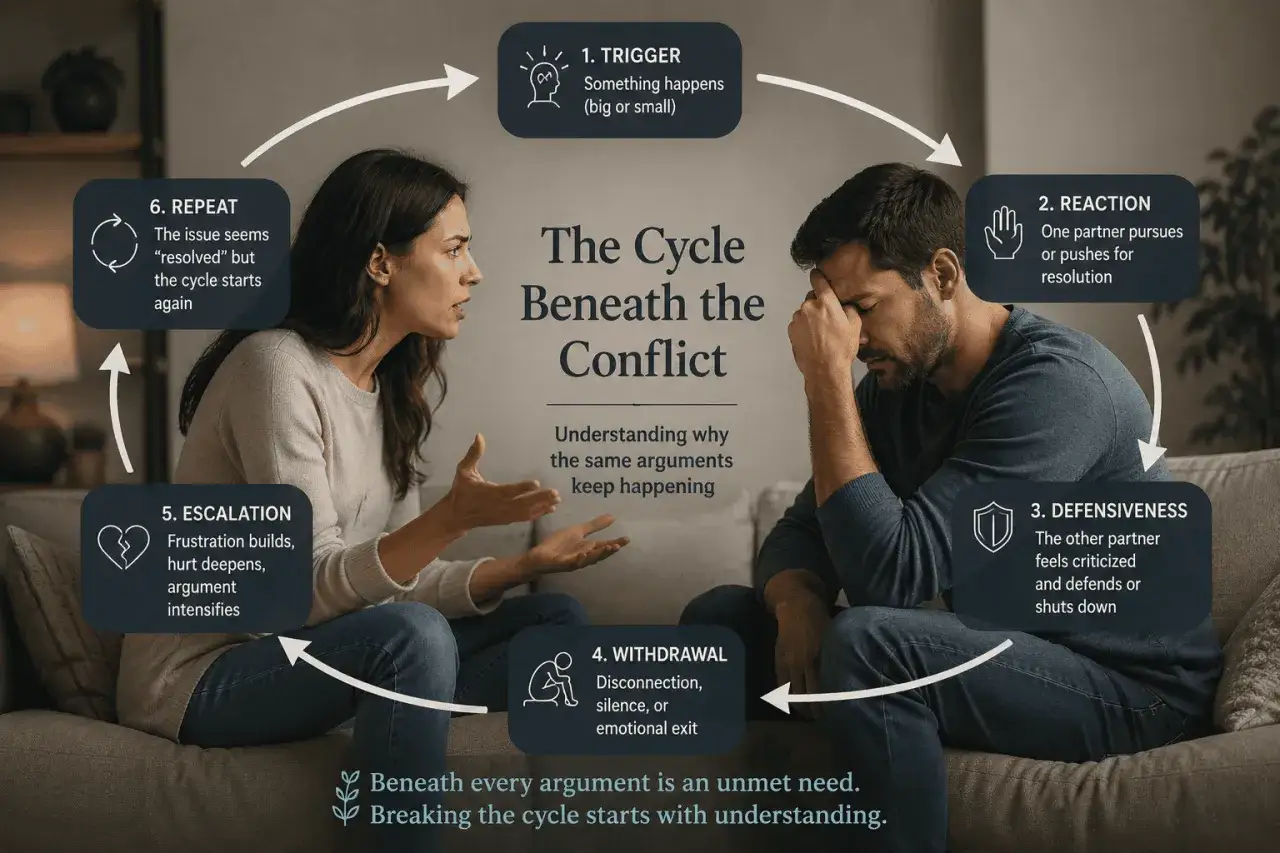 Coppia in conflitto, schema del ciclo di autosabotarsi nelle relazioni: trigger, reazione, difesa, ritiro, escalation, ripetizione.