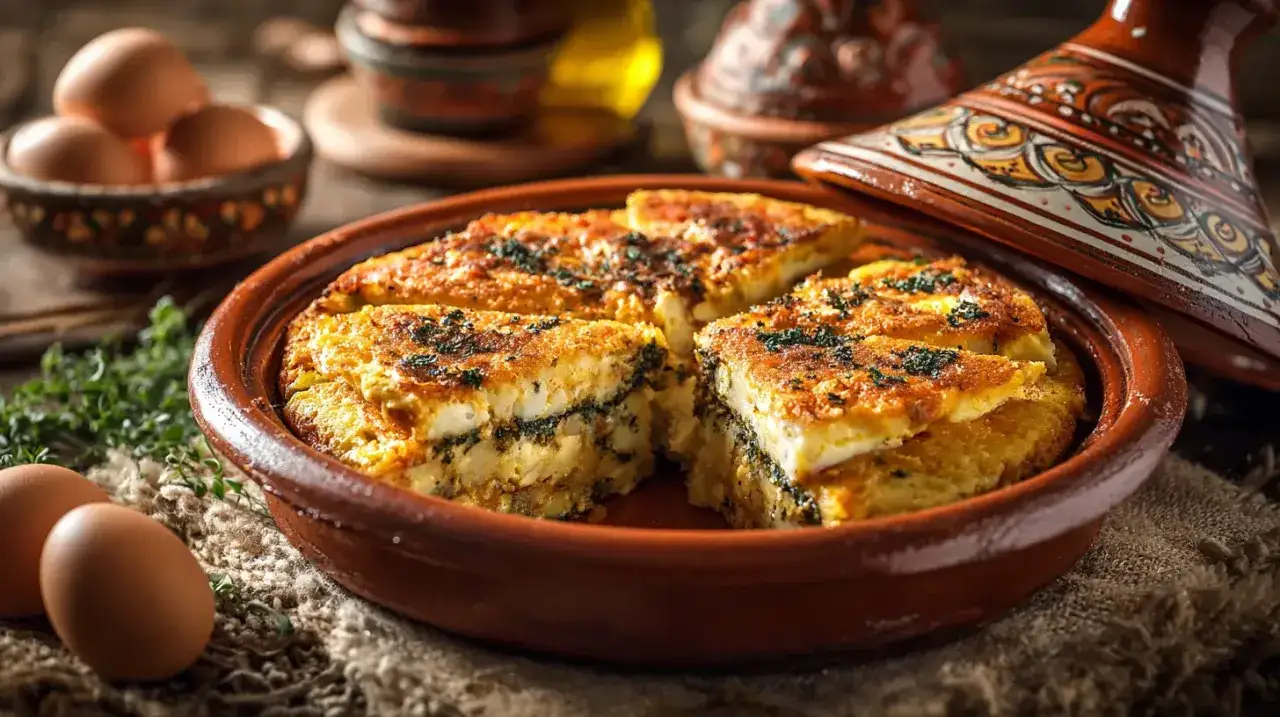 Un délicieux tajine tunisien, une omelette épaisse aux couches savoureuses, garnie d'herbes fraîches et servie dans un plat en terre cuite.