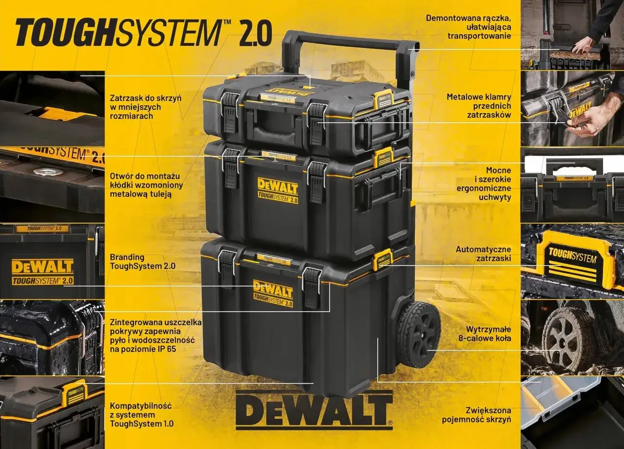 Solidne skrzynki narzędziowe DeWalt ToughSystem 2.0 z mocnymi zatrzaskami i wytrzymałymi kołami.