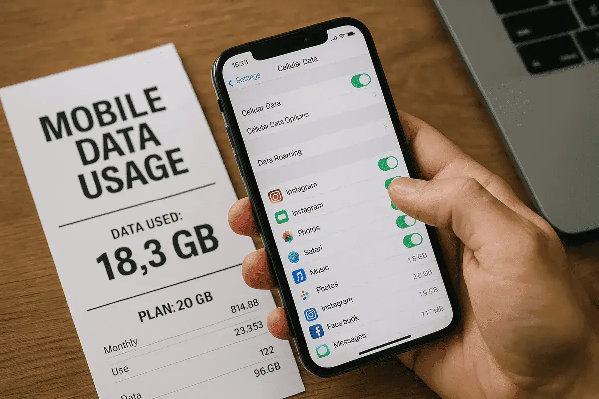 Czy 10 GB internetu to dużo? Na ekranie telefonu widać zużycie 18,3 GB, a plan to 20 GB.