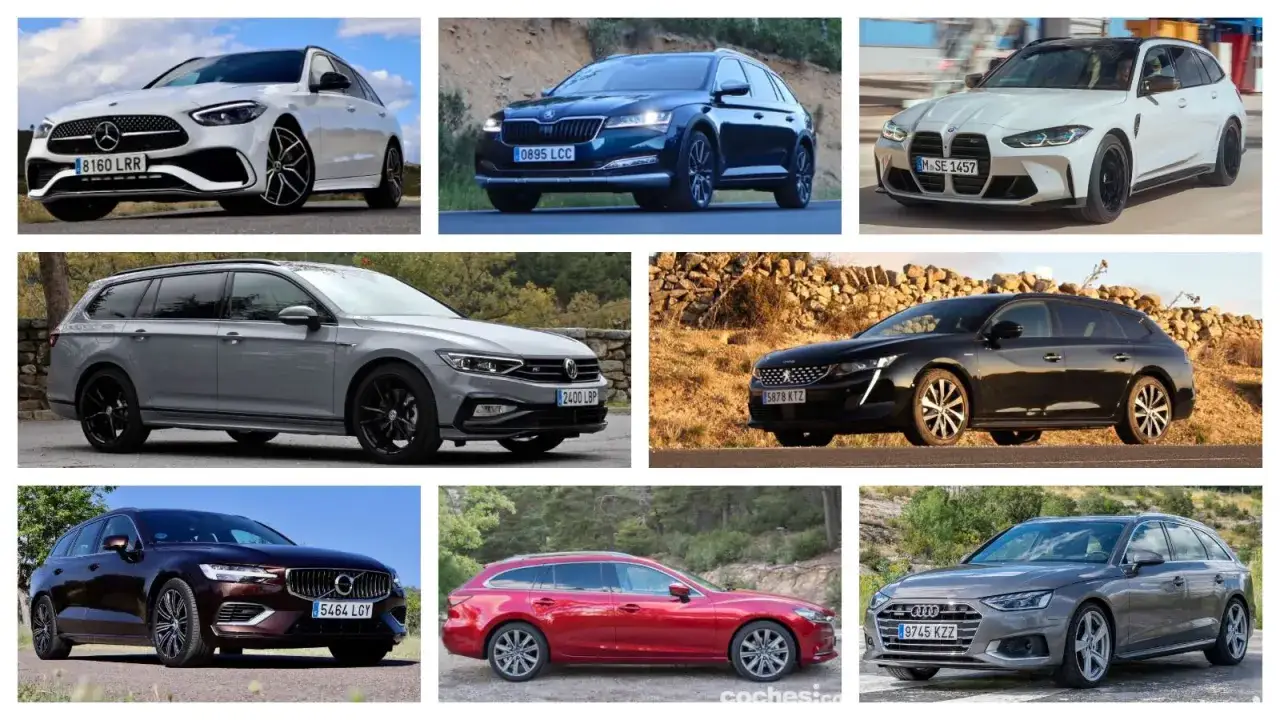 Variedad de marcas de coches familiares: Mercedes, Skoda, BMW, VW, Peugeot, Volvo, Mazda y Audi.