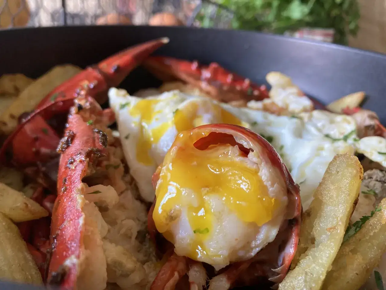 Deliciosos huevos rotos con bogavante, patatas fritas crujientes y un huevo con la yema perfecta.