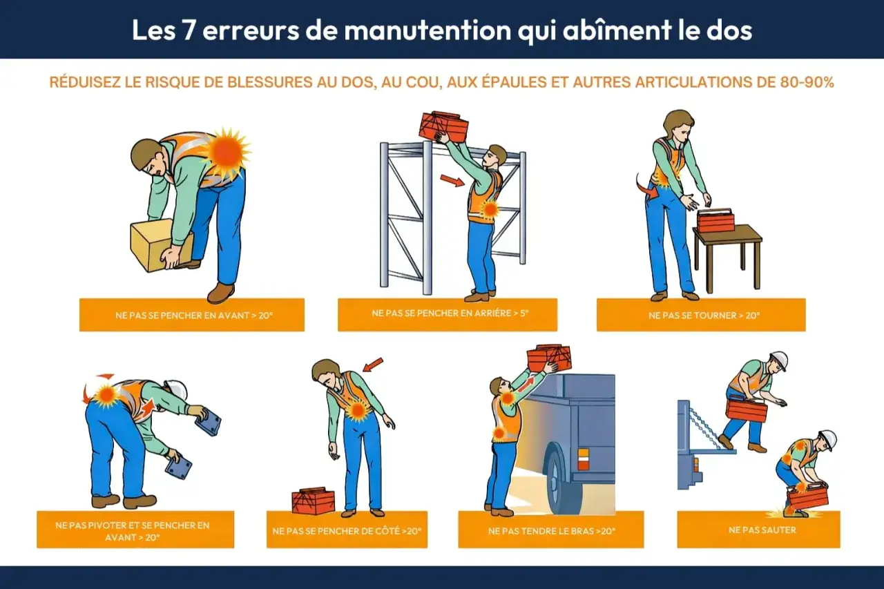 Illustrations montrant les 7 erreurs de manutention à éviter pour protéger le dos. La bonne manutention est essentielle.