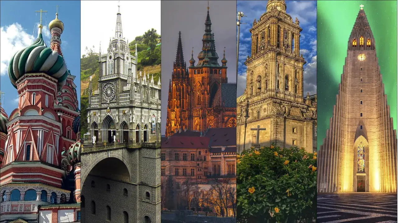 Un collage de **catedrales del mundo**: c&uacute;pulas rusas, arquitectura g&oacute;tica y moderna bajo auroras boreales.