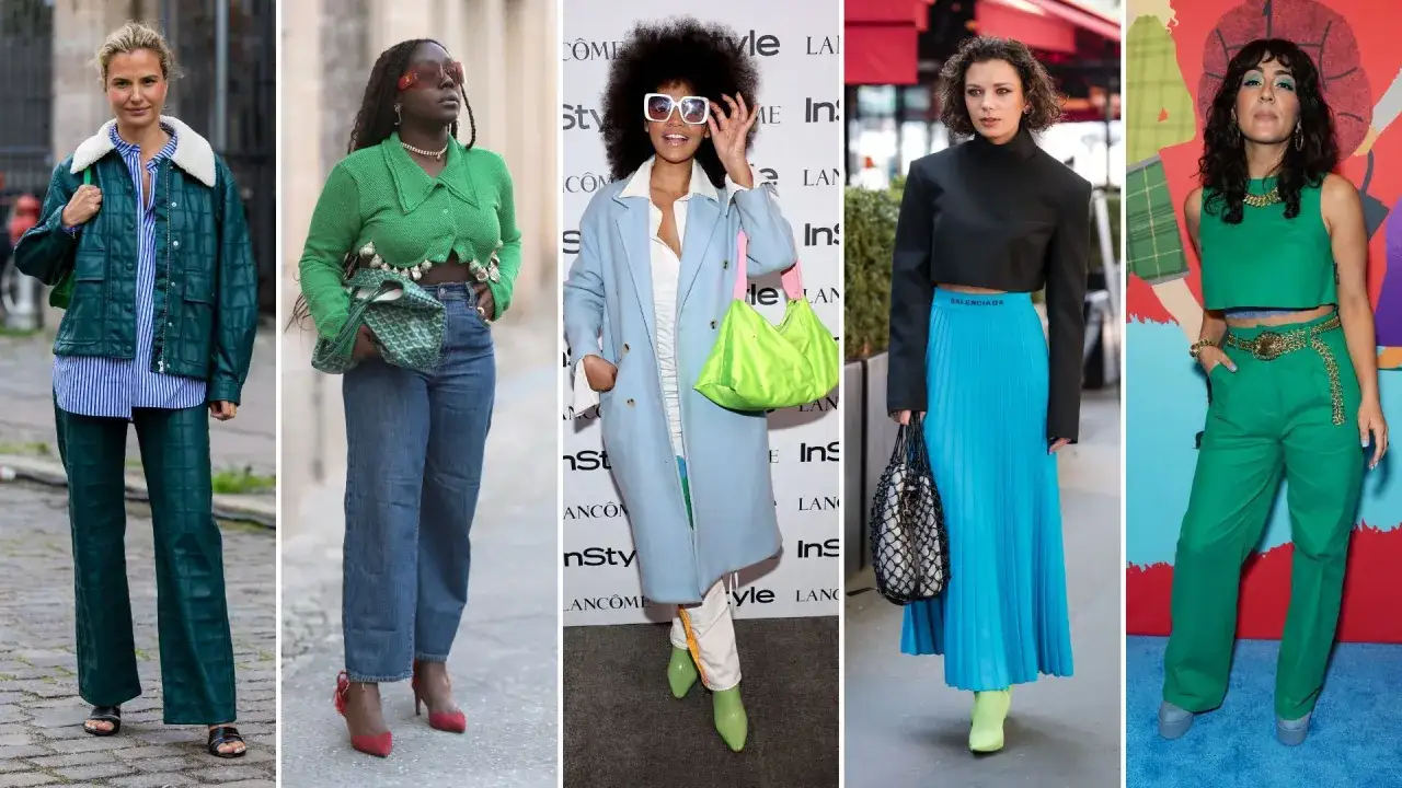 F&uuml;nf Frauen pr&auml;sentieren modische Outfits in kr&auml;ftigen Farben. Gr&uuml;n dominiert, vielleicht die Farbe des Jahres? Von elegant bis l&auml;ssig ist alles dabei.