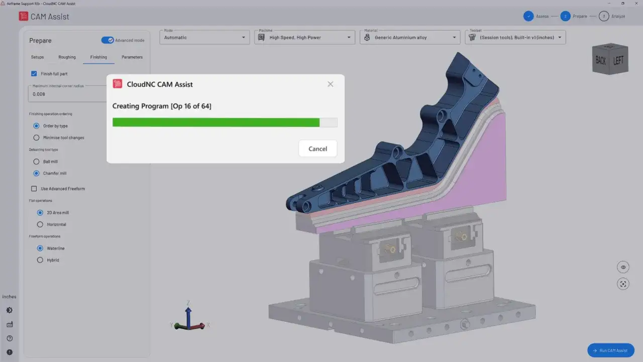 Tworzenie programu CAM. Postęp 16 z 64. Widok interfejsu użytkownika programu CAM Assist z modelem 3D części.