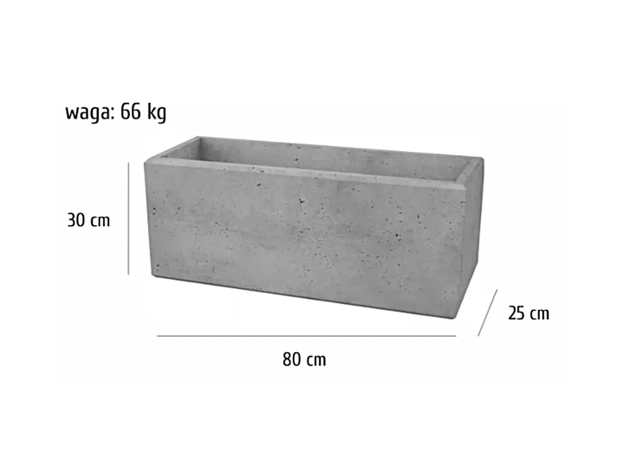 Szary betonowy bloczek o wymiarach 80x30x25 cm waży 66 kg.