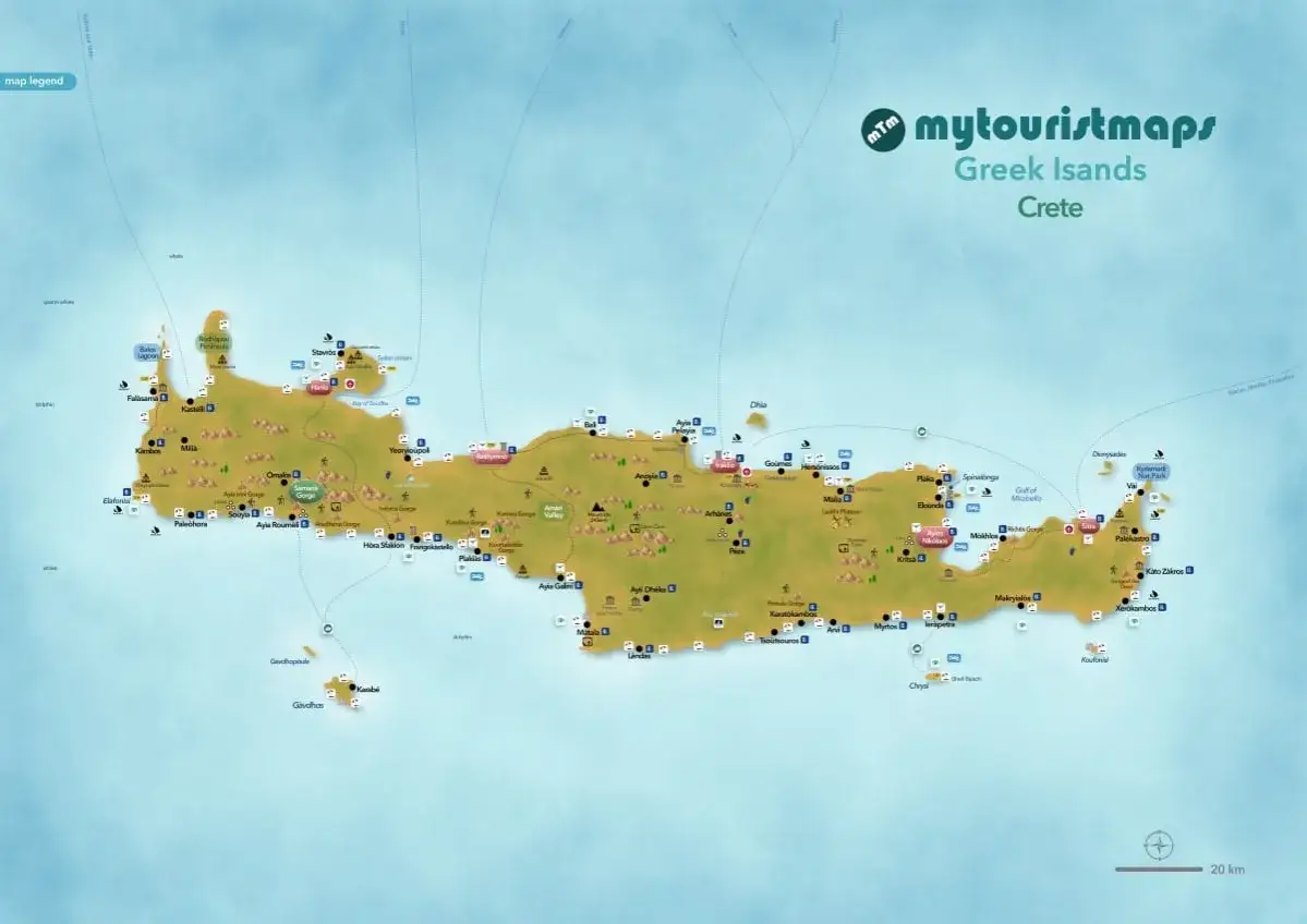 Mapa Krety z zaznaczonymi atrakcjami. Zastanawiasz się, ile się leci na Kretę? Ta mapa pomoże Ci zaplanować podróż!