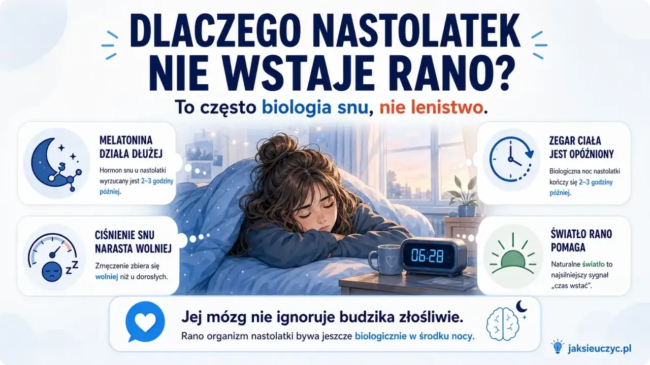 Dziewczyna śpi, bo jej m&oacute;zg nastolatka działa inaczej. Melatonina dla nastolatk&oacute;w działa dłużej, utrudniając poranne wstawanie.