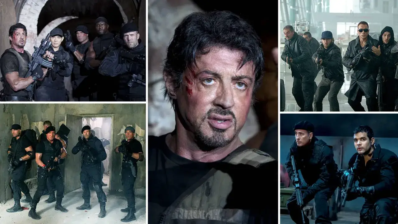 Sylvester Stallone i jego drużyna, niezniszczalni 5, gotowi do akcji. Wszyscy w czarnych strojach, z bronią w rękach, wyglądają na nieustraszonych.