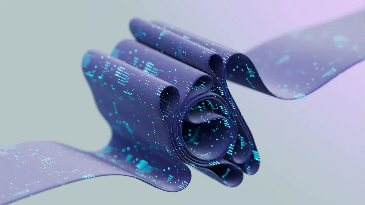 Nastro viola con pattern digitali luminosi, ricorda la flessibilit&agrave; di una stampante 4d.