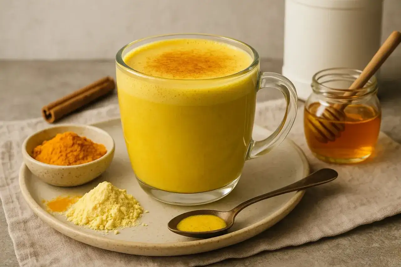 Un verre de golden latte, avec curcuma, cannelle et miel. Découvrez les golden latte bienfaits pour votre bien-être.