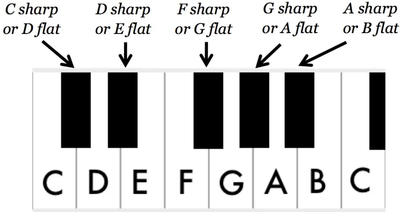 Clavier de piano montrant les notes : Do di&egrave;se ou R&eacute; b&eacute;mol, R&eacute; di&egrave;se ou Mi b&eacute;mol, Fa di&egrave;se ou Sol b&eacute;mol, Sol di&egrave;se ou La b&eacute;mol, La di&egrave;se ou Si b&eacute;mol.