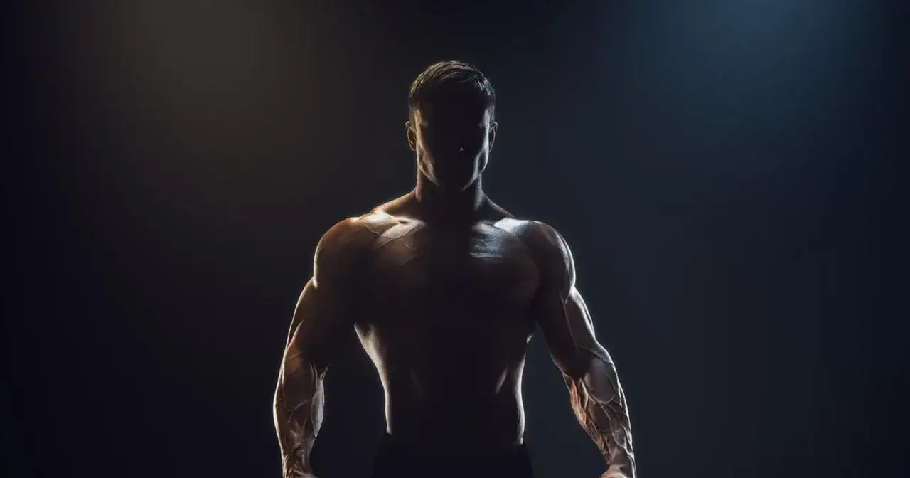 Sylwetka umięśnionego mężczyzny w półmroku. Czy bcaa przed czy po treningu? To pytanie zadaje sobie wielu sportowców.