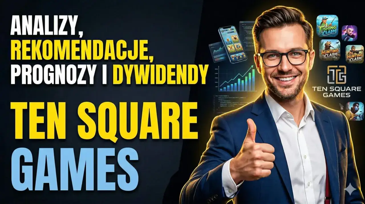 Uśmiechnięty mężczyzna w garniturze pokazuje kciuk w g&oacute;rę. Obok niego logo Ten Square Games i ikony gier, sugerujące analizy i prognozy dla tsgames gpw.