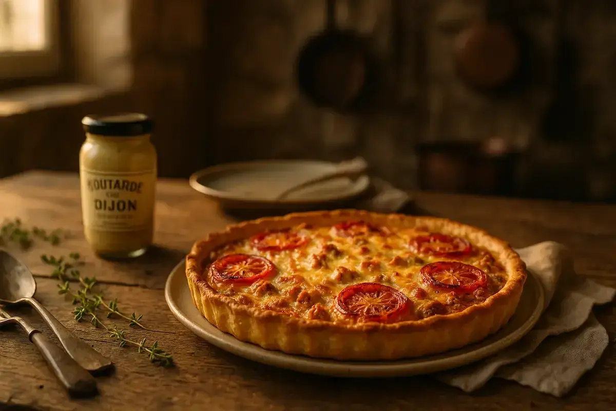 Une d&eacute;licieuse quiche au thon, garnie de tomates, &agrave; c&ocirc;t&eacute; d'un pot de moutarde de Dijon, sur une table en bois rustique.
