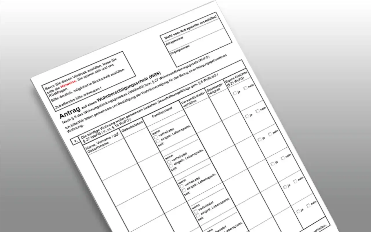 Antrag auf Wohnberechtigungsschein (WBS). Formular mit Feldern für persönliche Daten, Familienstand und Einkünfte. Hier gibt es keine Tricks, nur das Ausfüllen des Antrags.