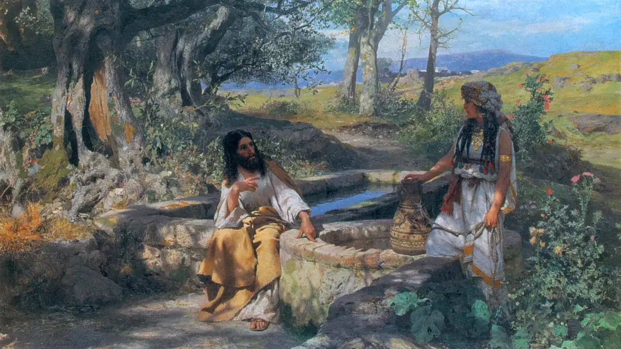 Jezus rozmawia z Samarytanką przy studni. Woda życia płynie w ich rozmowie.