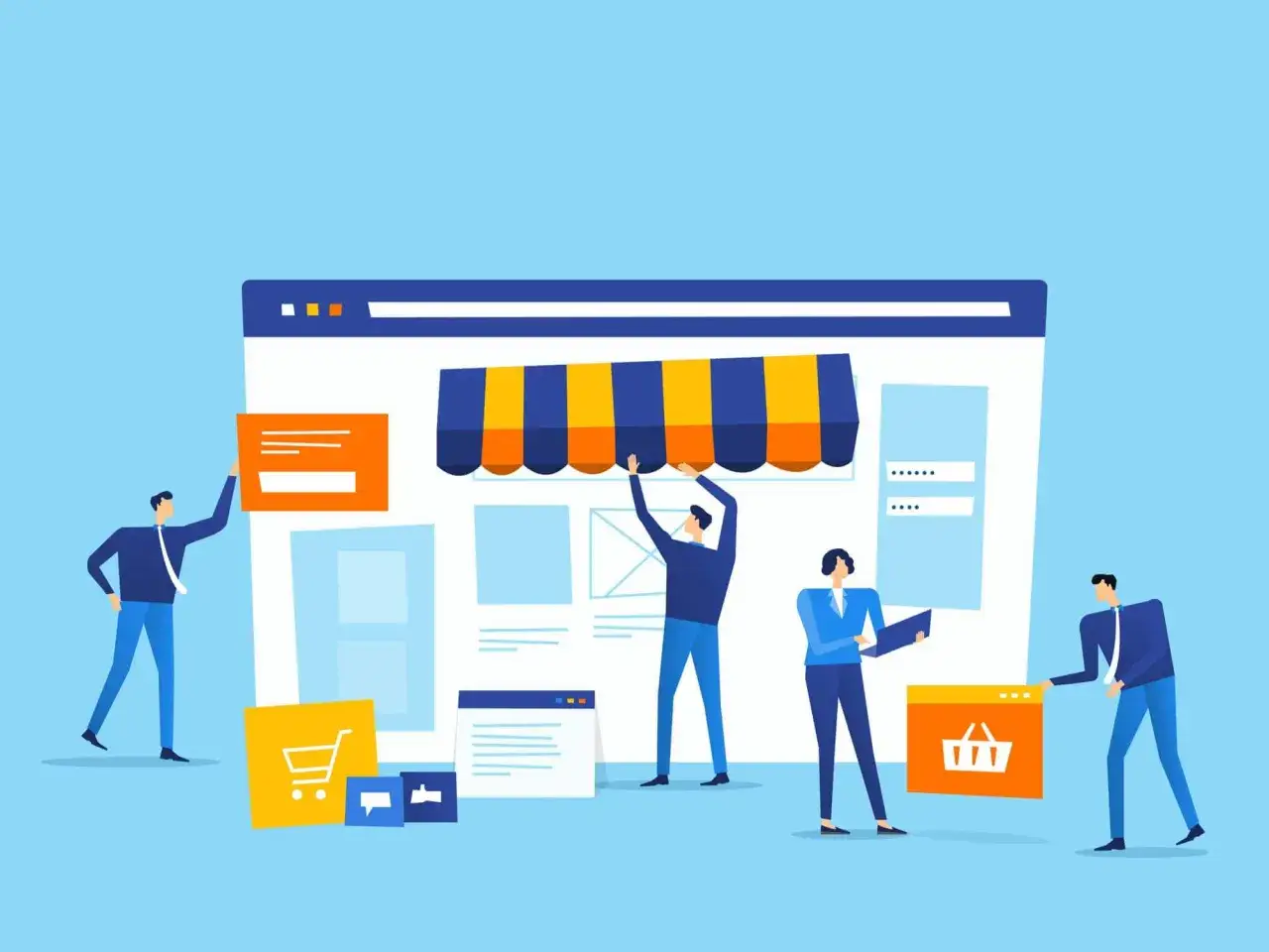 Ludzie budują sklep internetowy, co to WooCommerce? Tworzenie strony z koszykiem i ikonami.