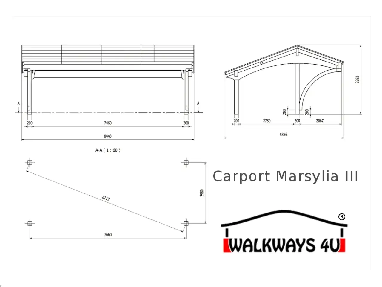 Projekt budowy wiaty Carport Marsylia III. Rysunki techniczne z wymiarami i widokami.