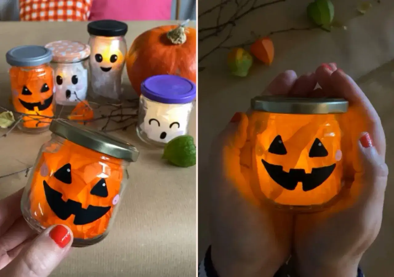 Pomysły na ozdoby halloween jak zrobić: słoiki z papierem w środku, świecące dynie i duchy.