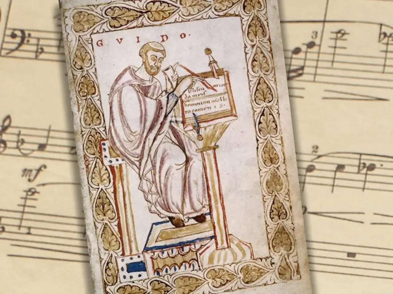 Illustration m&eacute;di&eacute;vale d'un moine &eacute;crivant, peut-&ecirc;tre Guido d'Arezzo, inventeur de la cl&eacute; de r&eacute;, sur fond de partition musicale.