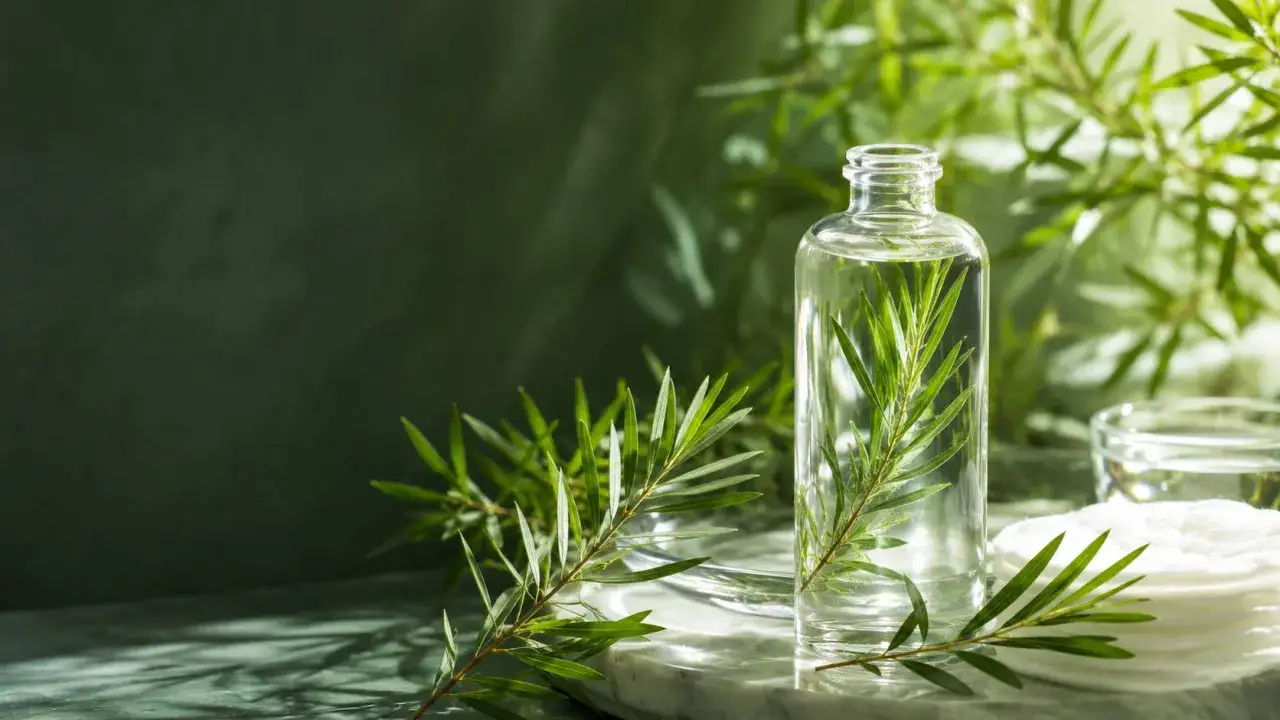Botella de aceite de árbol de té con ramas verdes y discos de algodón. Considera las contraindicaciones antes de usar.