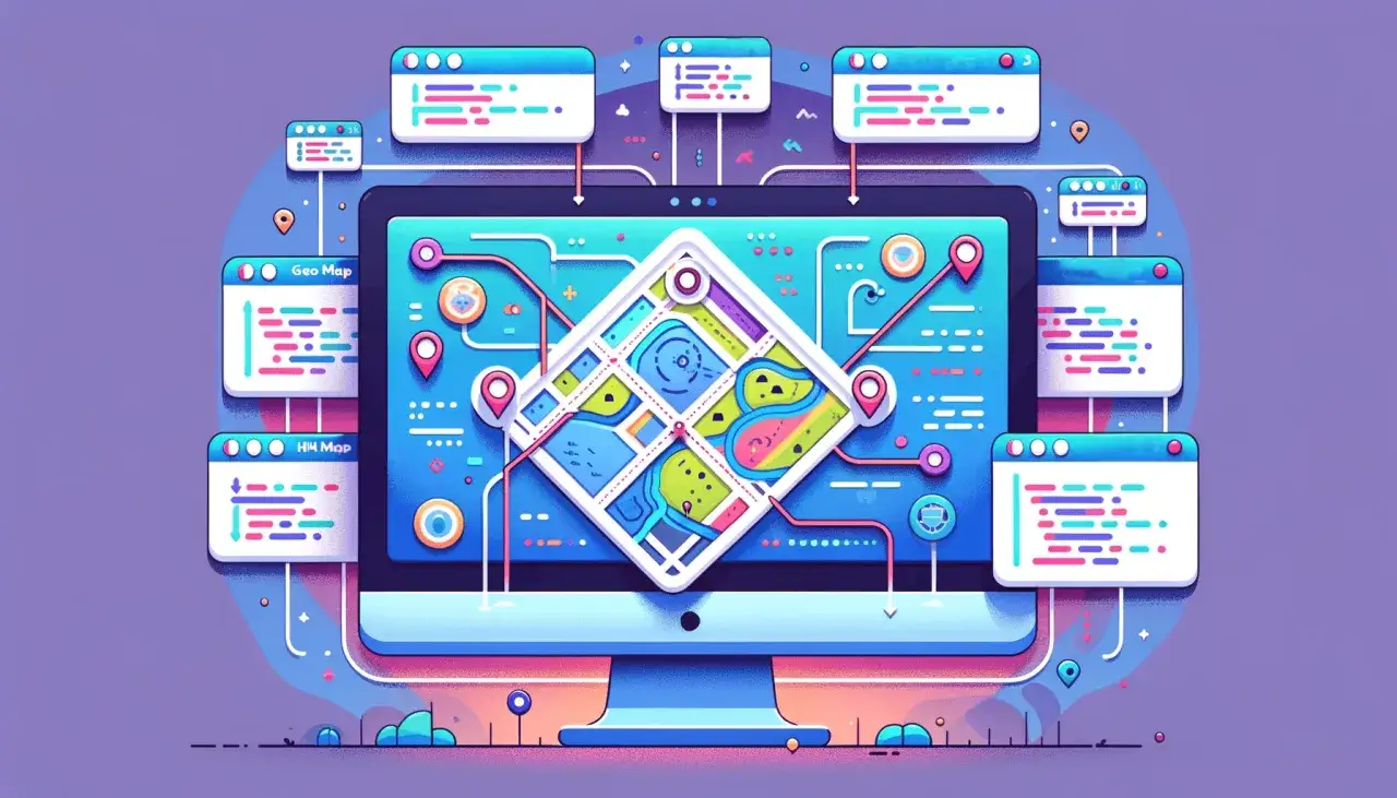 Interaktywna mapa na ekranie komputera, otoczona oknami z kodem, symbolizująca tworzenie aplikacji webowych i map w **html area**.