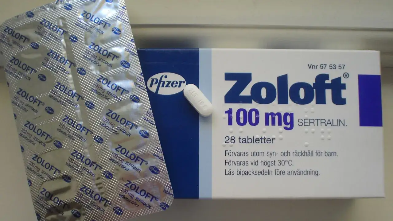 Opakowanie i blister leku Zoloft 100 mg z sertraliną, stosowanego na depresję i inne schorzenia.