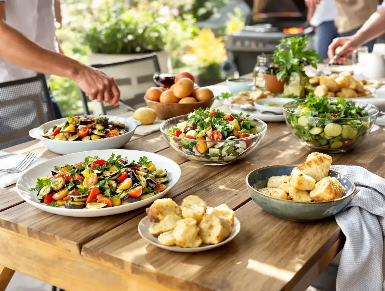Un repas estival avec des salades colorées, des pommes de terre rôties et du pain grillé, parfait pour un **coulommier au barbecue**.