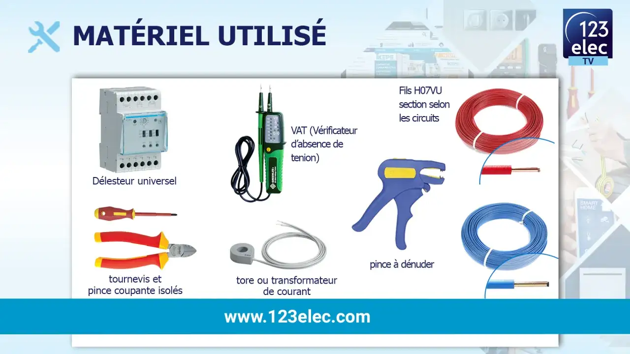 Mat&eacute;riel &eacute;lectrique : d&eacute;lesteur universel, VAT, fils, tournevis, pince coupante, pince &agrave; d&eacute;nuder, tore de courant.