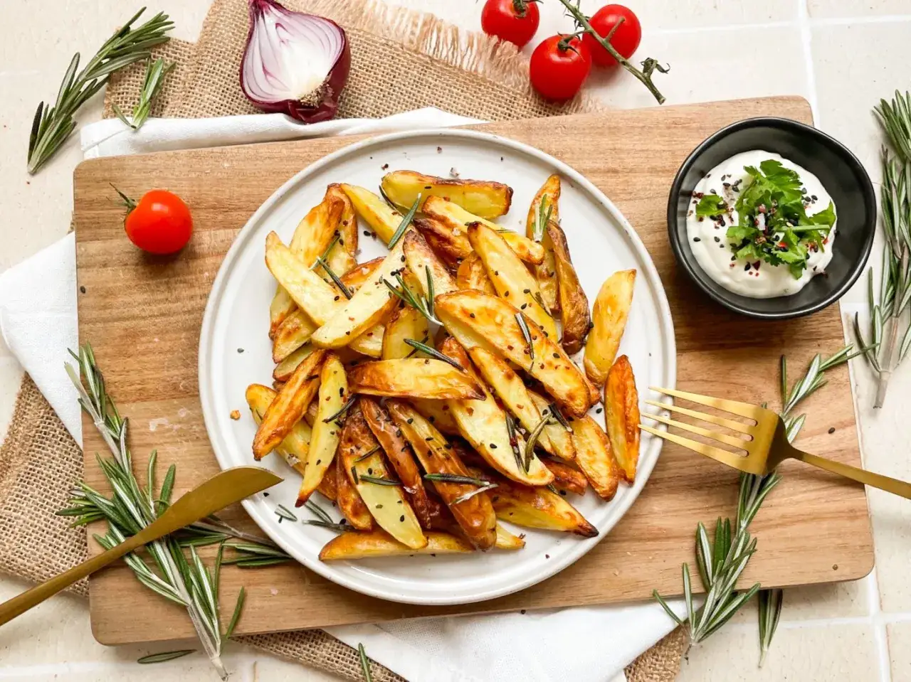 Knusprige rosmarinkartoffeln aus dem Airfryer, garniert mit Rosmarin und Sesam. Dazu ein Dip mit Kr&auml;utern.
