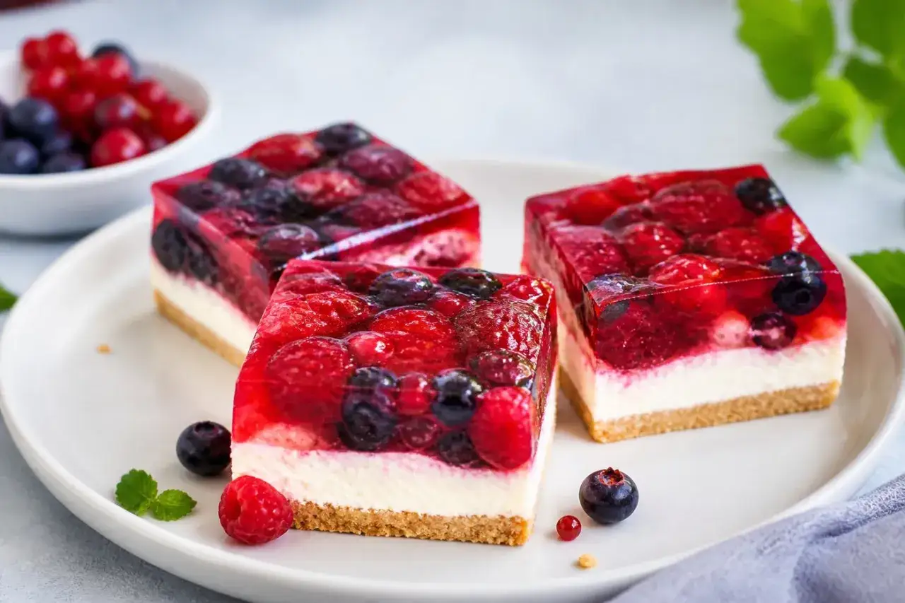 Drei leckere Stücke Kuchen ohne Backen mit frischen Beeren in Gelee auf einem weißen Teller.