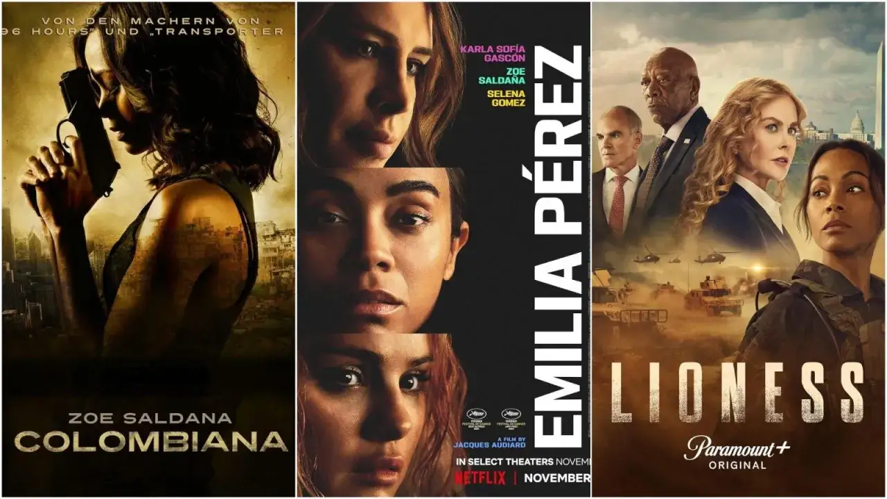 Plakaty filmowe: Colombiana z Zoe Saldaną, Emilia Pérez z Zoe Saldaną i Nicole Kidman w Lioness.