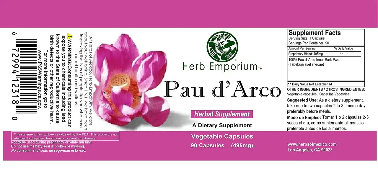 Pau d'Arco, suplement diety w kapsułkach, z r&oacute;żowym kwiatem. 90 kapsułek po 495mg.