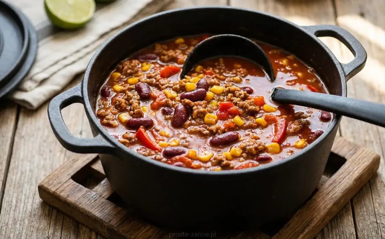 Gęste, aromatyczne chili con carne przepis w żeliwnym garnku, z fasolą, kukurydzą i papryką. Idealne na chłodne dni.