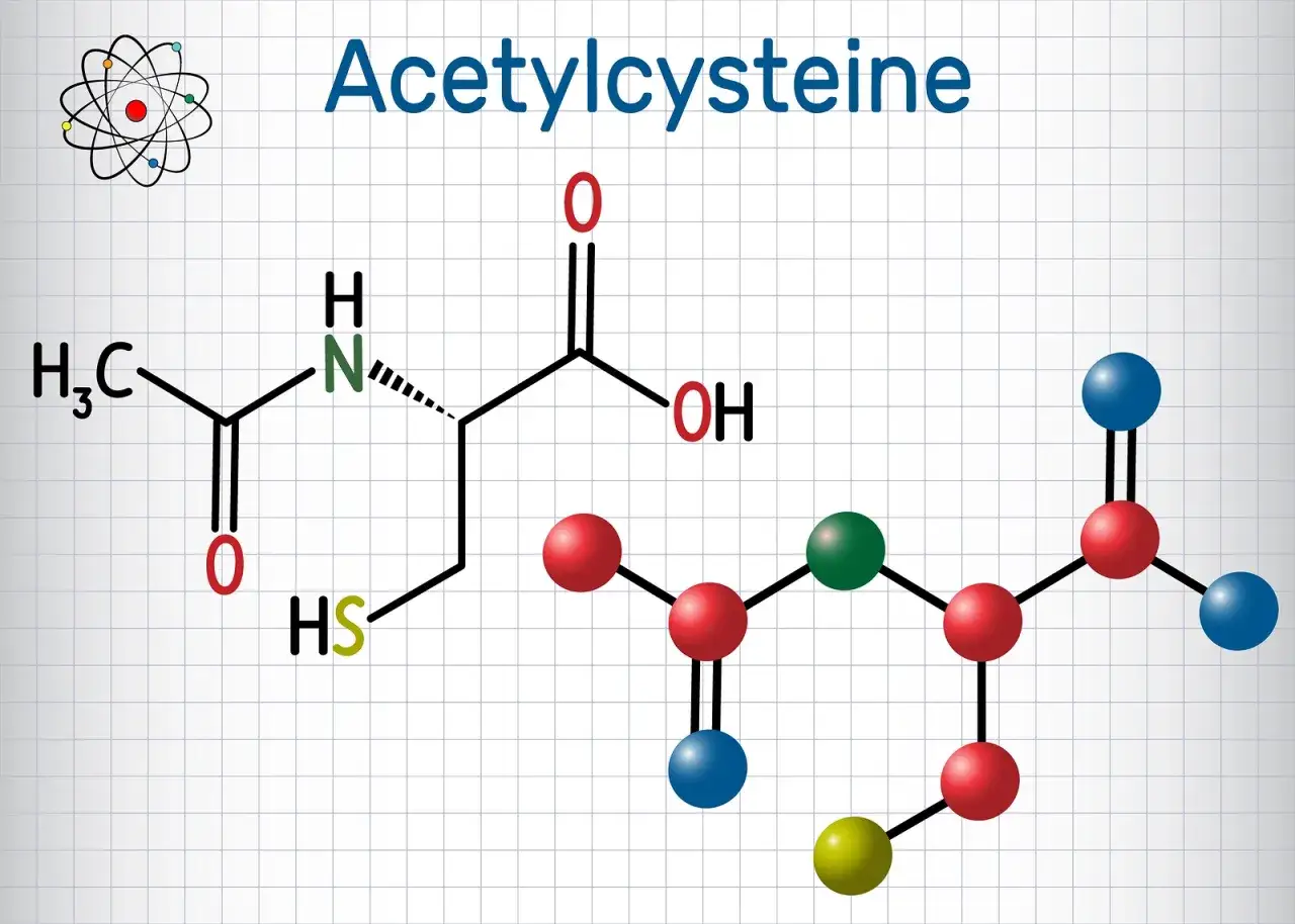 Struktura acetylocysteiny, leku stosowanego m.in. na wątrobę. Atomowy model cząsteczki.