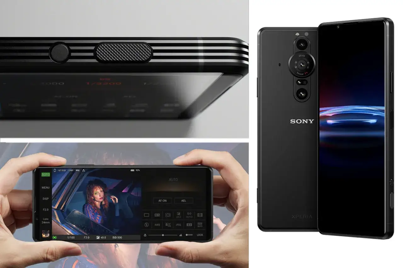 Sony Xperia Pro: uchwyt aparatu z pokrętłami, ekran z interfejsem fotograficznym i tył telefonu z potrójnym aparatem.