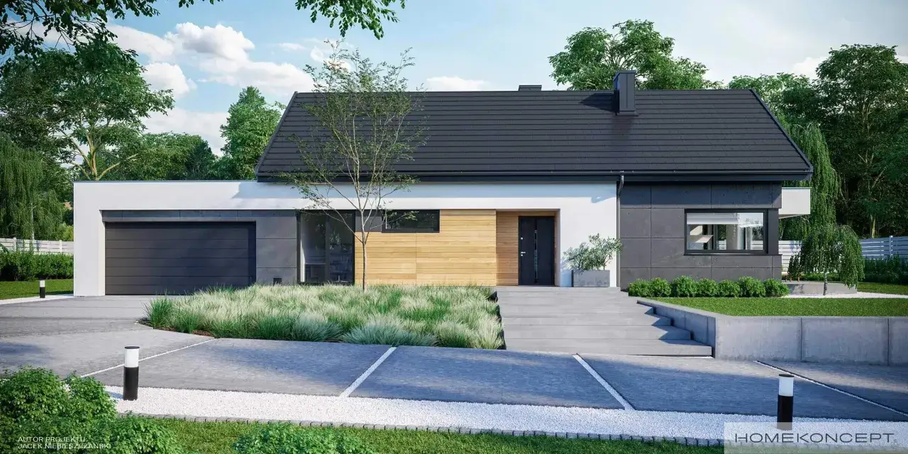 Nowoczesny dom z garażem, drewnianymi elementami i dużymi oknami. Projekt homekoncept 44 otoczony zielenią.