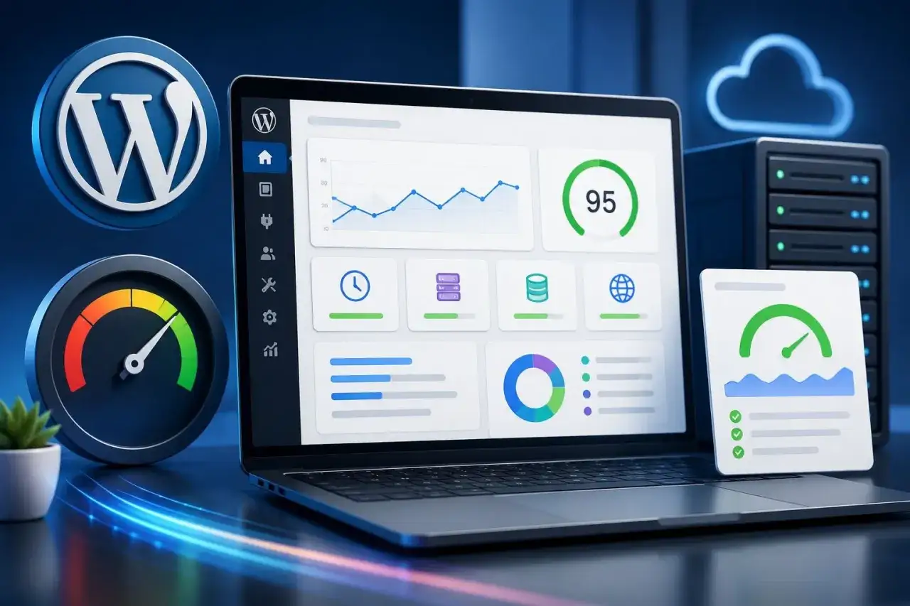 Optymalizacja WordPress: litespeed cache konfiguracja dla szybszej strony. Dashboard z wykresami i wskaźnikami wydajności.
