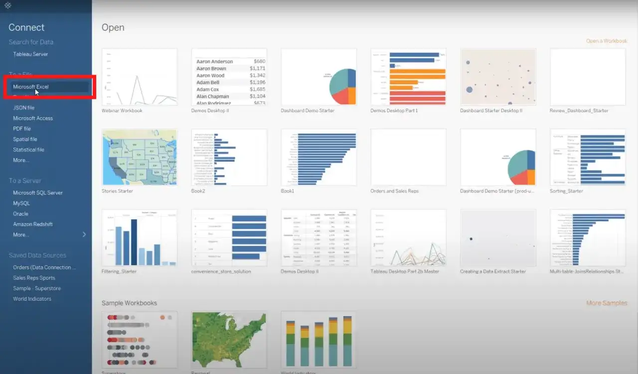 Il tableau mostra diverse opzioni per connettersi ai dati, inclusa la selezione di 