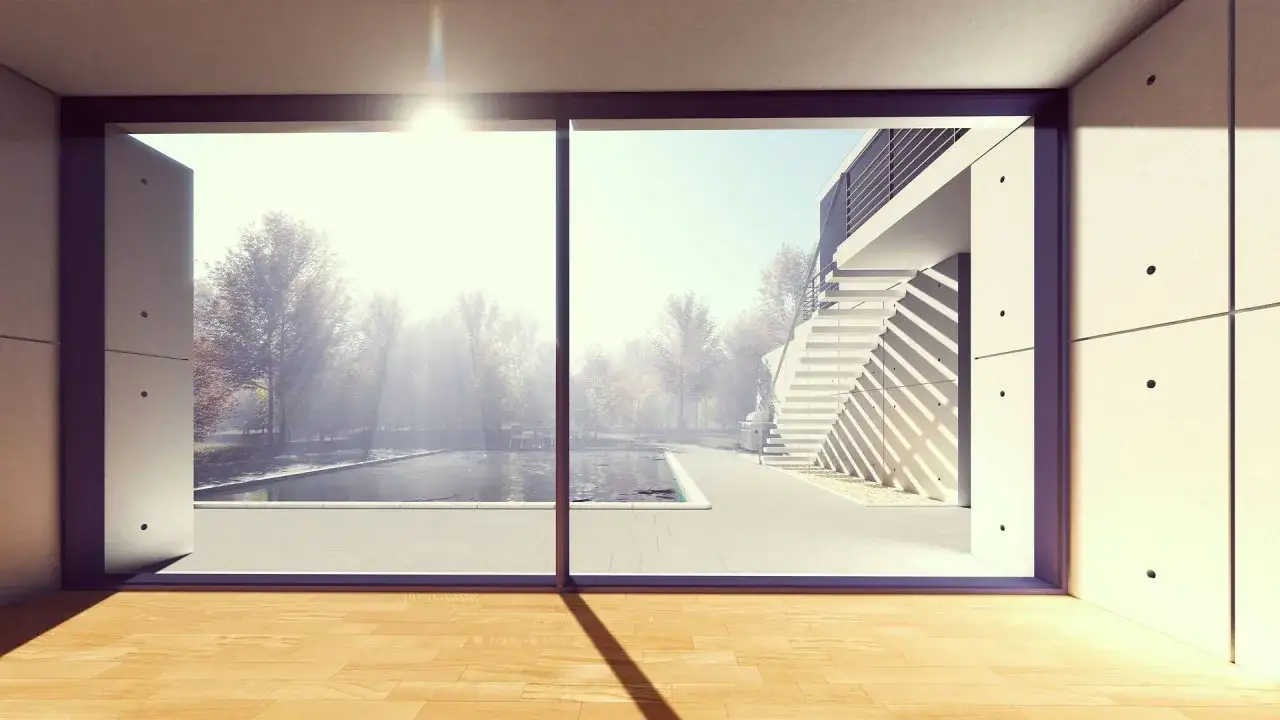 Interior moderno con vista a piscina y escaleras exteriores. Ideal para alquiler casa de ensueño.