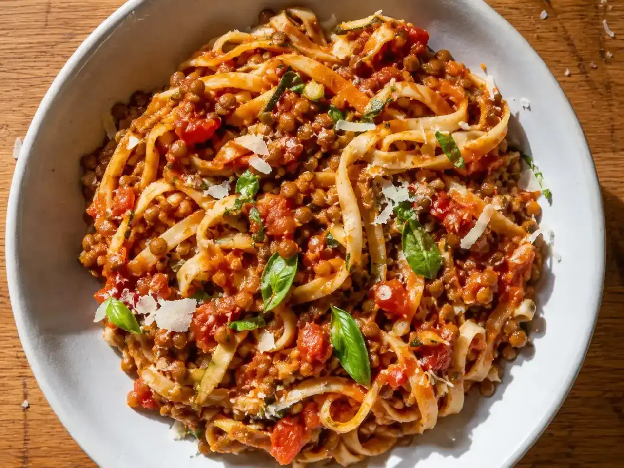 En sk&aring;l med pasta lenticchie, en mustig linsgryta med breda nudlar, toppad med f&auml;rsk basilika och riven parmesan.